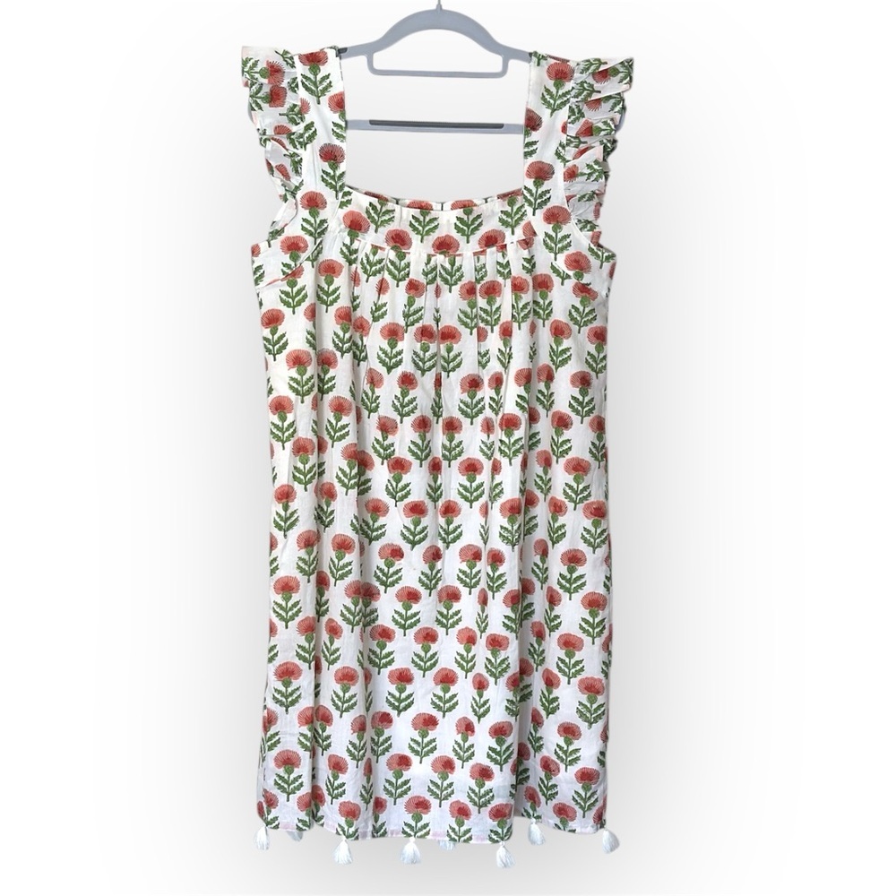Sunshine Tienda Sleeveless Block Print Red Green Floral Cotton Dress- XS/S - Picture 2 of 8